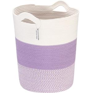 Sea Team Large Size Cotton Rope Woven Storage Basket with Handles, Laundry Hamper, Fabric Bucket, Drum, Clothes Toy Organizer for Kid's Room, 20 x 14 Inches, Round Open Design, White & Mottled Purple