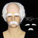 Miss U Hair Old Man White Wig and Mustache Eyebrows Glasses Bald Cap With Hair On Sides Balding Grandpa Wig