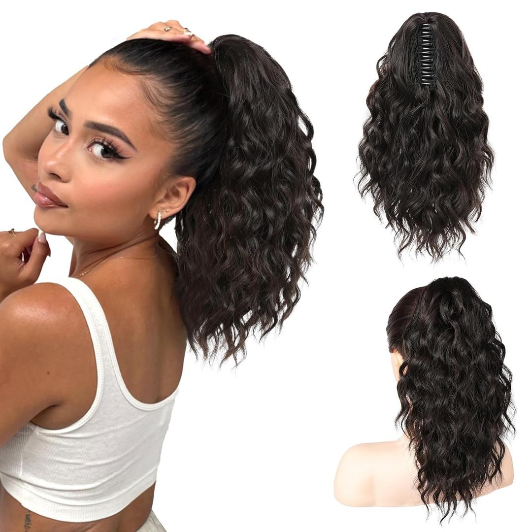 SEIKEA 14" Ponytail Extension Claw, PT002 Tia Long Multi Layered Fluffy Thick Wavy Jaw Clip in Fake Pony Tails Fake Hair Soft Natural Synthetic Hairpiece Black Brown