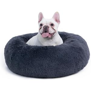 Bedsure Calming Dog Bed for Medium Large Dogs - Donut Washable Large Pet Bed, 33 inches Anti-Slip Round Fluffy Plush Faux Fur Dog Bed, Dark Grey