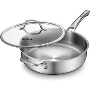 VocVoi Stainless Steel Pan with Lid, 6 QT Stainless Steel Saute Pan, 12 Inch Frying Pan, PFOA & PTFE Free, Tri-Ply Skillet, Stainless Steel Pot, Dishwasher & Oven Safe, Works on All Cooktops