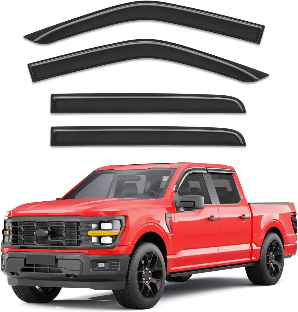 Outside-Mount Window Rain Guards Fit for Ford F-150 2015-2026/ F250-F550 2017-2026 SuperCrew,Truck Window Visors Wind Deflector Dark Smoke Vent Shades Car Tape-on 4-pcs with Thicker