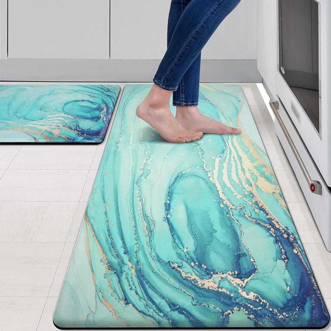 MAYHMYO Kitchen Rugs and Mats Set of 2 Teal Marble Gold Anti Fatigue Mat PVC Non Slip Turquoise Foam Cushioned Kitchen Mats for Floor Dining Room Home Office Sink Laundry (29"L X 17.3"W X 0.4"Th + 47"L X 17.3"W X 0.4"Th)