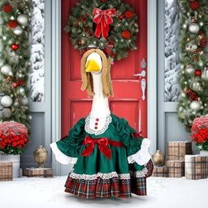 Soulchen 1 Set Christmas Green Porch Goose Outfit 23 Inch Winter Plaid Cement Goose Clothes Dress and Headdress Costume Set for Xmas Holiday Lawn Garden Yard Decor