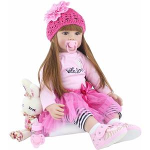 Angelbaby Adorable Reborn Toddler Doll Soft Body Real Life Long Hair Princess Hair, 24inch Handmade Silicone Reborn Baby Doll Sets and Doll Clothes (Pink -2006)