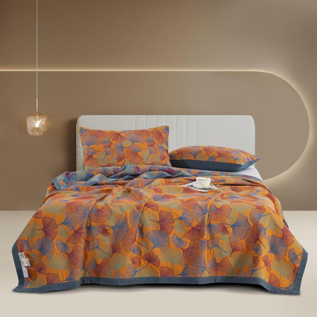 100% Cotton Muslin Blanket Jacquard Orange Floral Ginkgo Leaves Quilt, Soft Bed Cover 3 Layers Lightweight Breathable Gauzy Reversible Bedspread Coverlet Full/Queen(78"x94"), No Pillow Sham