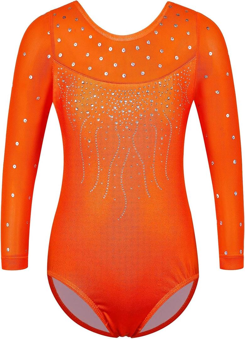 BAOHULU Gymnastics Leotards for Toddler Girls Patriotic Sparkle Red Blue Athletic Dancewear (9-10 Years, Orange 3/4 Sleeve)