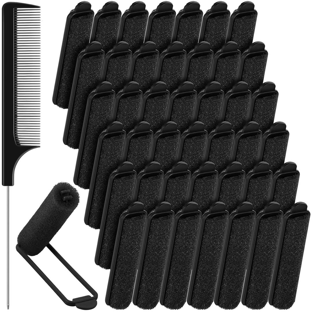 43 Pieces Foam Sponge Hair Rollers Set, Soft Sleeping Hair Curlers 0.59 Inch Flexible Hair Styling Sponge Curler and Stainless Steel Rat Tail Comb Pintail Comb for Hair Styling (Black)
