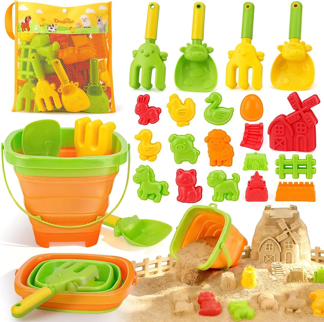 Dreamon Beach Toys for Kids 29PCS Farm Sand Toys with 2 Collapsible Buckets, Rake & Shovel Set, Sand Molds and Mesh Bag, Sandcastle Building Kit Travel Beach Toys for Kids Ages 4-8