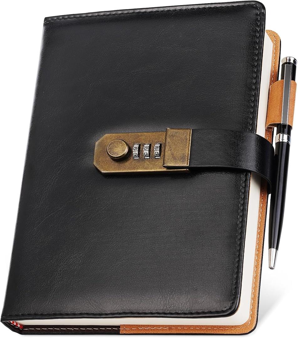 Nicpro Diary with Lock, A5 PU Leather Journal with Lock, Metal Pen, 260 Pages Password Notebook for Men and Women, Vintage Lock Daily Journal for Travel, Note Take, Plans, Organize (10 x 7 in)