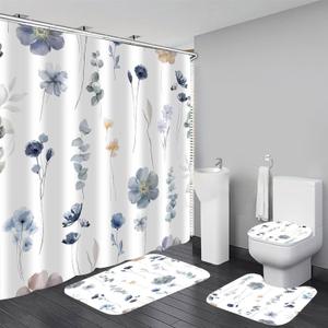 DDQQ 4Pcs Flower Shower Curtain Set with Floral Bathroom Sets, Blue Floral Shower Curtain with 12 Hooks, Bathroom Decor with Rugs Bath Accessories with Shower Curtains for Bathroom Toilet Lid Cover