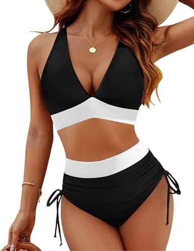 Blooming Jelly Women High Waisted Bikini Sets Tummy Control Swimsuits Color Block Two Piece Drawstring Bathing Suit. L