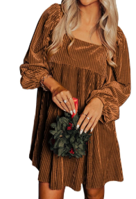 Chvity Women Velvet Backless Mini Dress Sqaure Neck Long Sleeve Casual Loose Holiday Party Winter Babydoll Velour Dressess