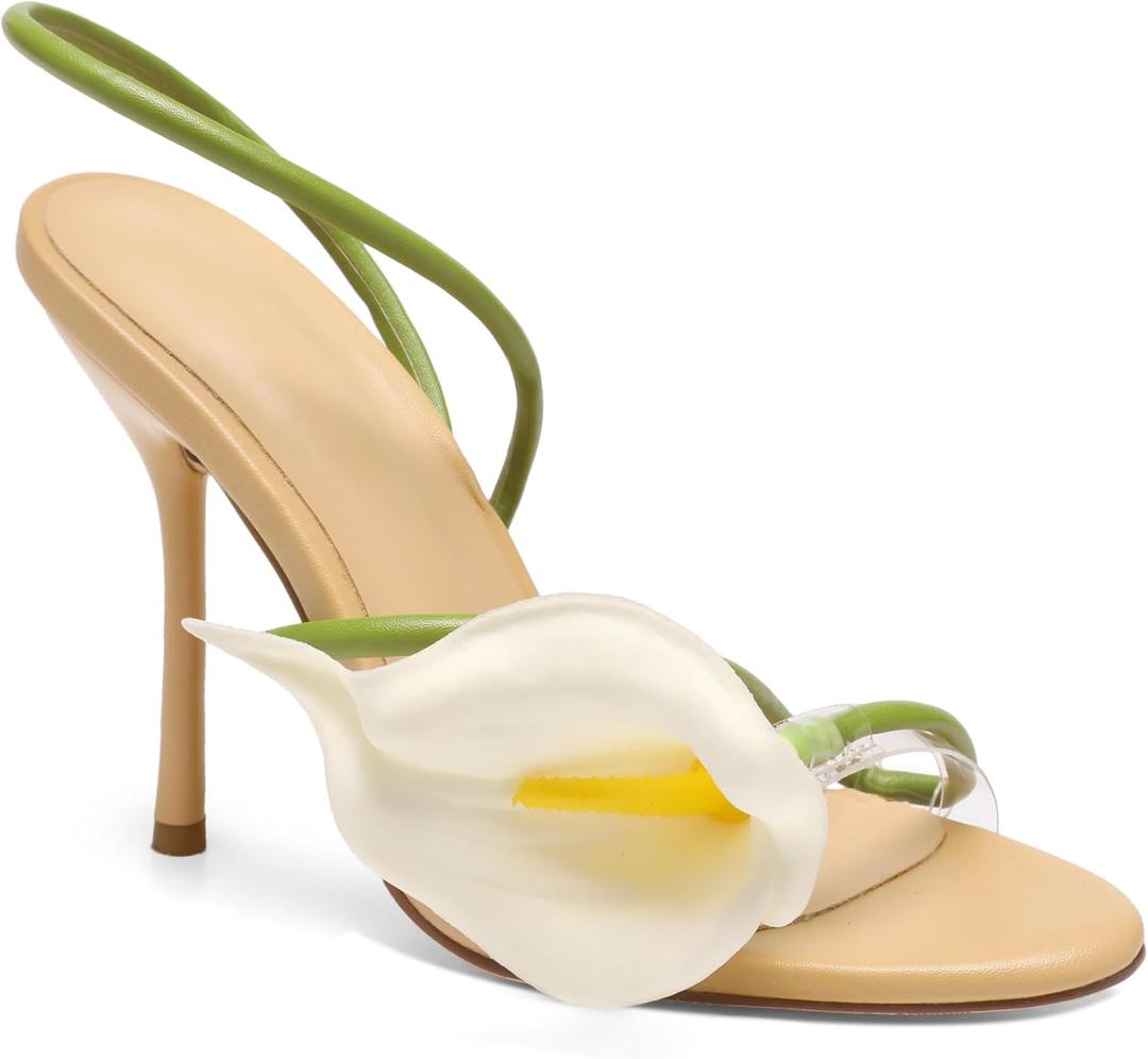 Flower High Heels for Women Calla Lily Open Toe Floral Stilettos Heels Sexy Strappy Wedding Birthday Dressy Heeled Sandals, Size: 7 (Beige)