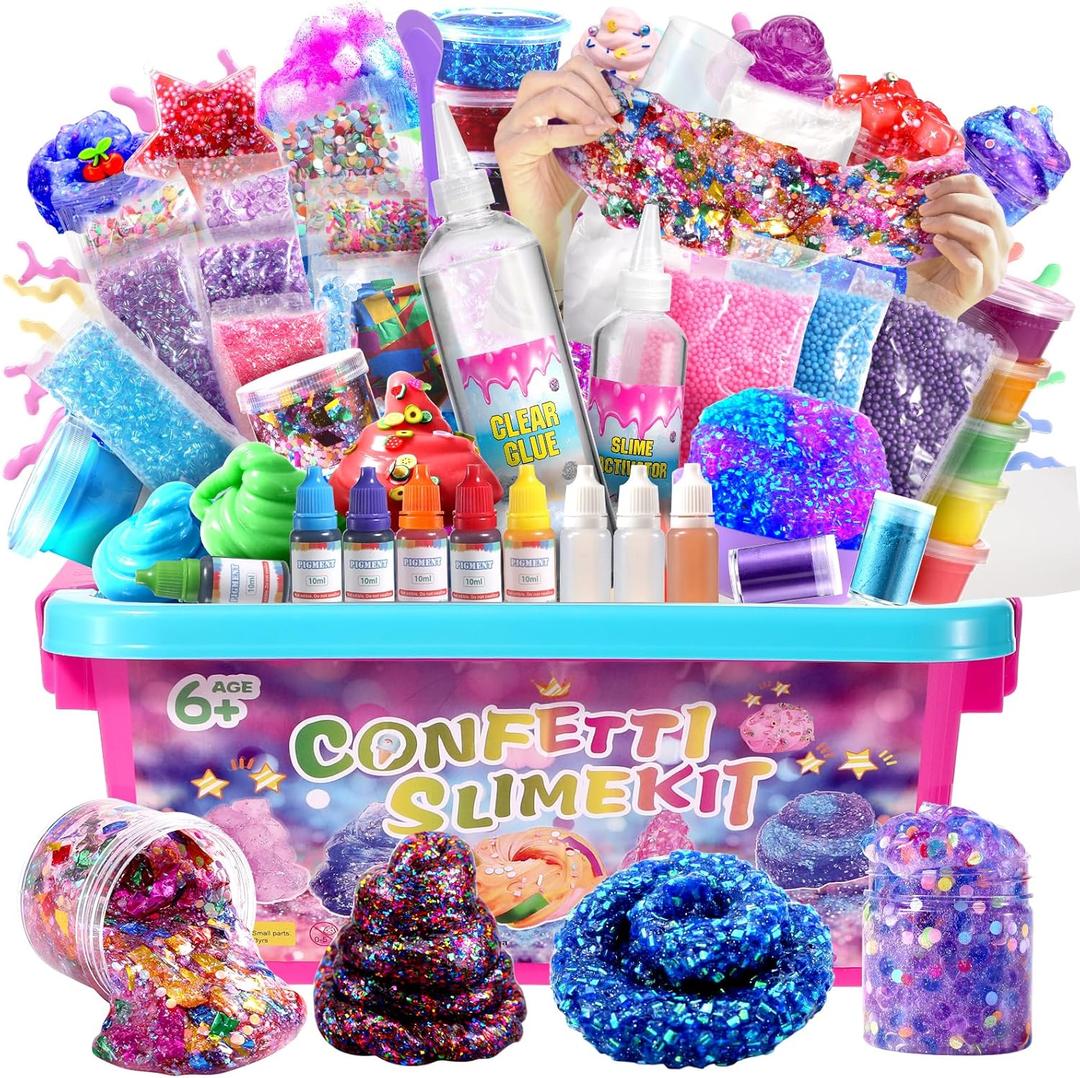 Confetti Slime Kit, Sparkling Slime Making Kit, DIY Craft Set with Clear Glue, Colors, and Decorations, Ages 6+