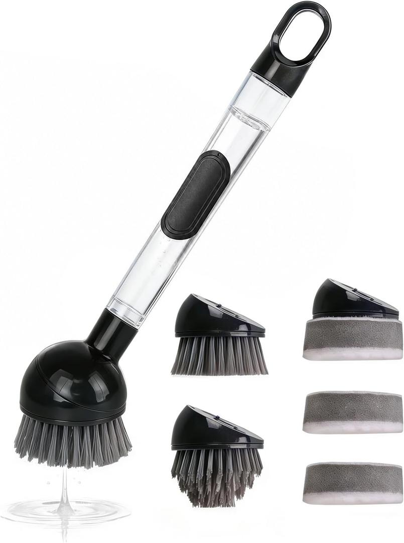 Soap Dispensing Dish Brush with Handle, 360 Rotating Head, 5-Piece Kitchen Cleaning Set (2 Brush Heads & 3 Sponges), Non-Scratch Scrubber for Pot, Pan, Sink, Leak-Proof Dishwand, Black