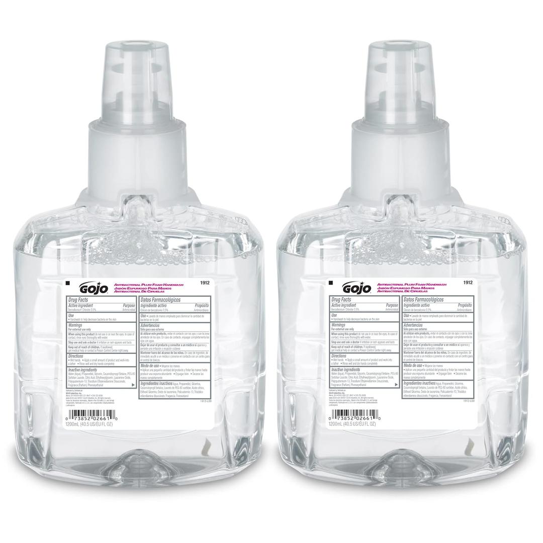 GOJO Antibacterial Foam Handwash, Plum Fragrance, 1200 mL Foam Hand Soap Refill LTX-12 Touch-Free Dispenser (Pack of 2) - 1912-02