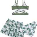 Milumia Girl's 3 Pieces Bikini Set Tropical Print Criss Cross Wrap Bathing Suit with Beach Skirt (Multicolor)