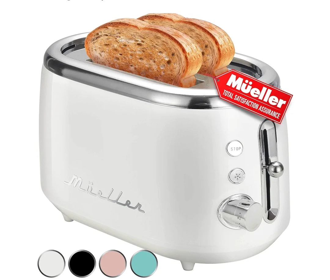 MÜELLERHOME Retro Toaster 2 Slice, 7 Browning Levels, 3 Functions (Reheat, Defrost, Cancel), Stainless Steel Features, Removable Crumb Tray, Under Base Cord Storage, White Toaster Kitchen Appliances