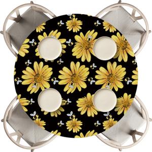 Horaldaily Summer Fitted Tablecloth 60 Inch Round, Yellow Flowers Blossom White Washable Table Cover Elastic Edged for Dinning, Picnic, Camping, Banquet (Black)