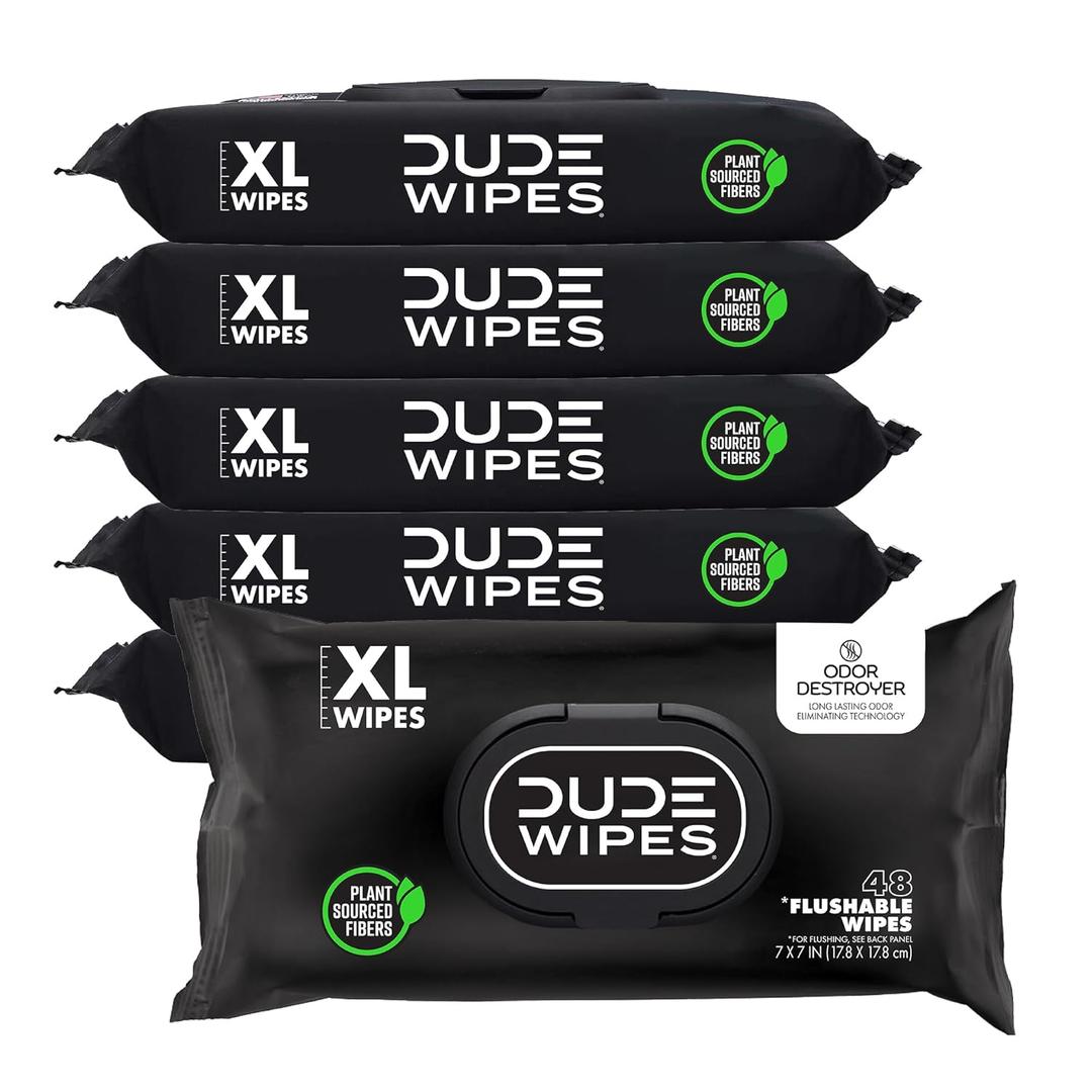 DUDE Wipes - Flushable Wipes for Adults - 6 Pack, 288 Count - Odor Destroyer XL - Deodorizing with Clean Scent - Up to 24 Hours of Odor-Destroying Technology
