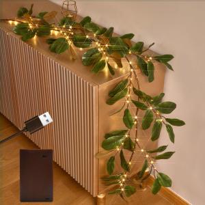 Fudios Magnolia Lighted Garland with Timer 6FT 80 LED Fairy Lights Battery Operated or USB Plug in, Artificial Greenery Garland Lights for Spring Holiday Party Mantle Decoration