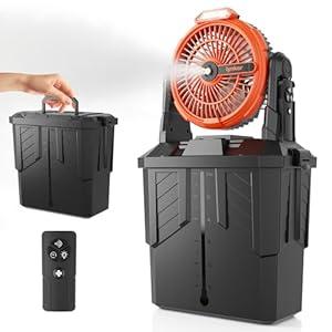 lynker Portable Misting Fan with Remote, Camping Fan with 20000mAh Rechargeable Battery Operated, 6L Water Tank, 3 Speed Levels, 2 Spray Modes, Hanging & Lighting for Outdoor Indoor Cooling (Orange)