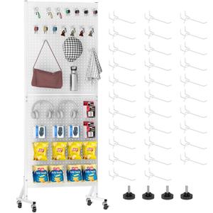 Pegboard Display Stand with Wheels, 24" x 70" Peg Board Stand, White | Freestanding Metal Pegboard Display with 32 Hooks, for Organizing and Displaying, for Merchandise Vendor Retail Craft Fairs