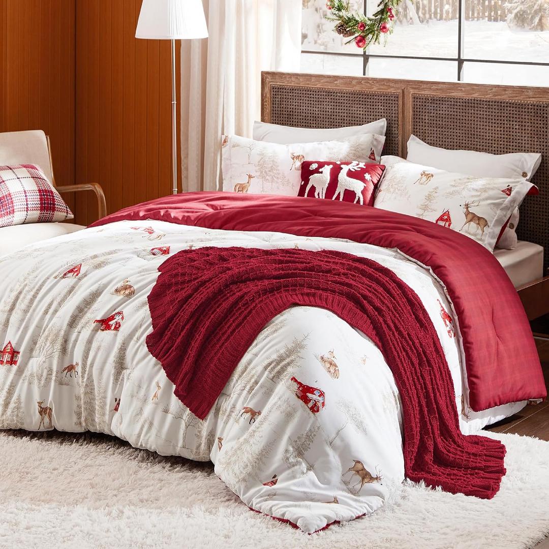 Bedsure Christmas Comforter Set King - Christmas Bedding Bed in a Bag with Snowhouse, 5 Pieces, Soft Reindeer and Snowhouse Printed Comforter, Pillow Shams, Throw Blanket and Decorative Pillow