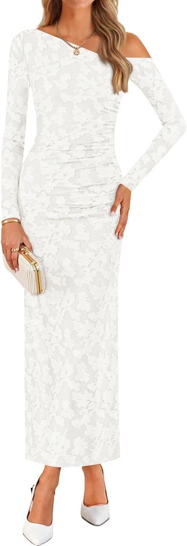 ZESICA Women's Spring Floral Off Shoulder Bodycon Maxi Dresses 2026 Long Sleeve Ruched Elegant Cocktail Party Dress, Small