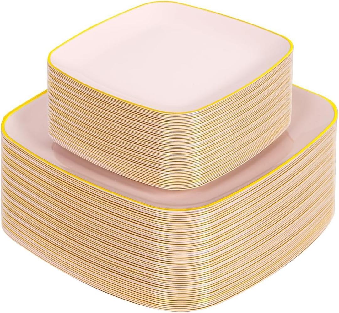bUCLA 100PCS Pink Plastic Plates - Heavy Duty Square Pink and Gold Disposable - Include 50 Dinner 10 inch & 50 Dessert 7.25 inch Plates for Party, Weeding & Easter