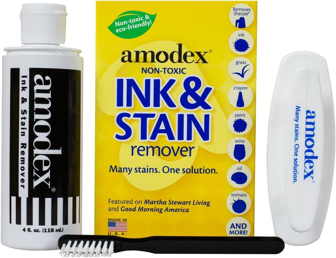 Amodex Ink & Stain Kit with Stain Remover Brushes, Removes Ink, Sharpie, Grease, Food and More, Safe and Effective on Clothes, Leather and Skin, Includes 1 Bottle and 2 Brushes