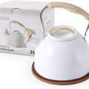 LONFFERY Tea Kettle for Stove Top, 3.2 Quart Whistling Tea Kettle, Food Grade Stainless Steel and Wood Pattern Folding Handle, White
