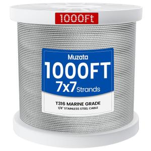 Muzata 1000ft 1/8" T316 Stainless Steel Cable Railing Wire Rope WR02
Fits 1/8" Cable Railing System, For Both Deck & Stairs, 7×7 Strands, 1800 lb Breaking Strength, T316 Marine-grade Material