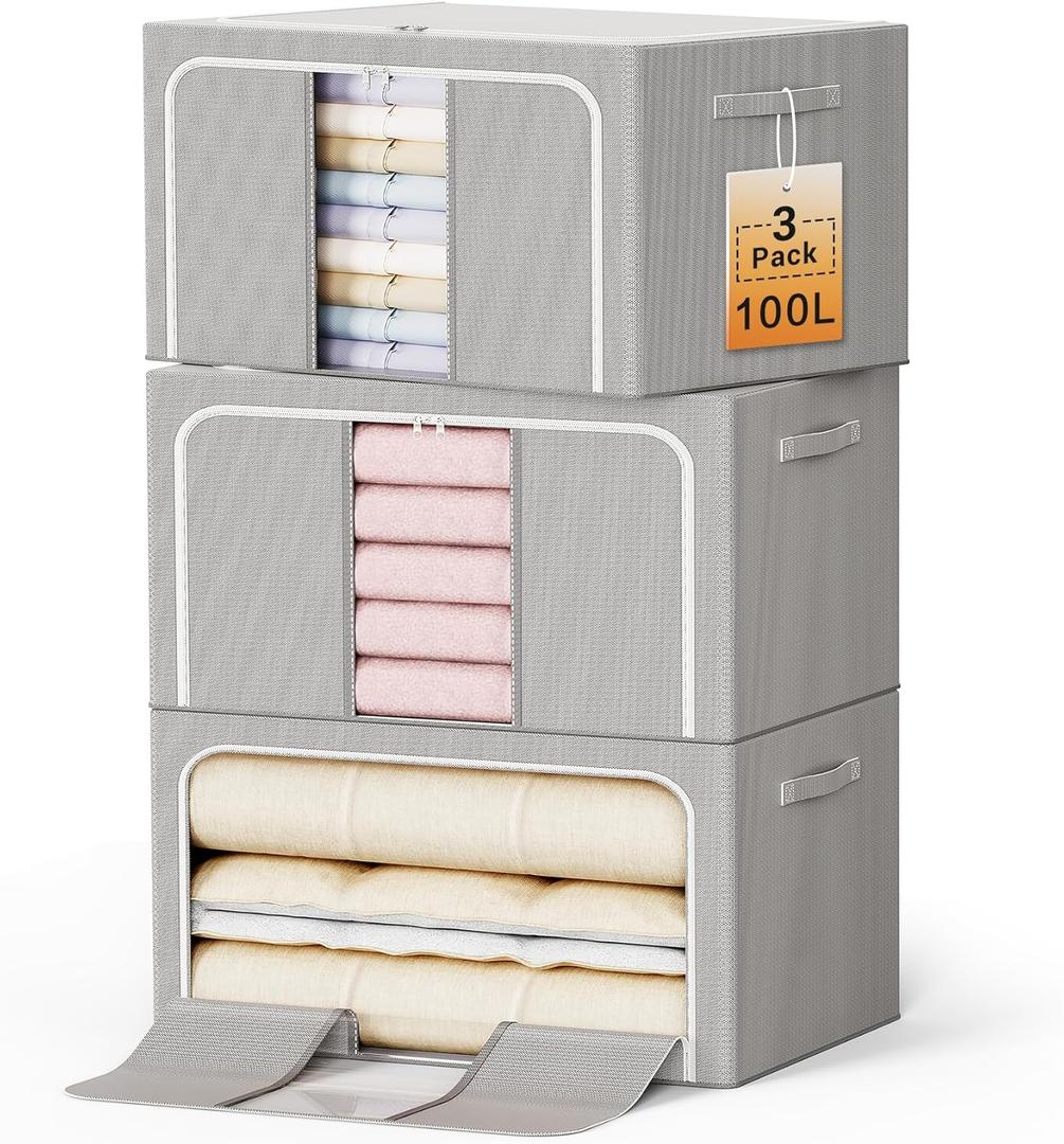 LeArex Clothes Storage Bins with Metal Frame Foldable Storage Box Clothes Organizers Storage Containers for Clothes Sheets Blankets Books Toys Gifts and Holiday Decorations, Pack of 3 Light Gray 100L(23.6''X16.5"X15.7")
