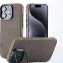 Genuine Leather Case for iPhone 16 Pro (6.3 inch), Vintage Crazy Horse Leather Case with Stand, Magnetic Phone Case with Camera Frame Holder, MagSafe Compatible