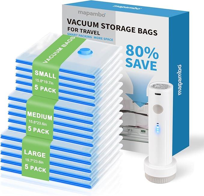 Mapambo Vacuum Storage Bags with -60000Pa USB Pump, 9 Pack Vacuum Seal Bags for Clothing Travel in 3 Sizes, Travel Vacuum Bags with Pump, Saving up to 80% of Luggage Space (9 Combo Size)