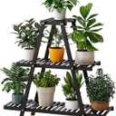 Bamboo Plant Stand Indoor/Outdoor, 3-Tier, Black, Rectangular, 8 Potted Flower Holder Ladder Plant Rack