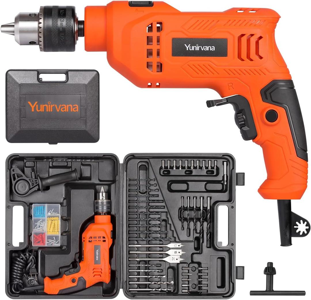 4.5Amp 1/2-inch Corded Impact Drill Hammer Drill with 105pcs Accessories, Variable Speed 0-3000, Hammer and Drill 2 Functions in 1, 360Rotating Handle, Depth Gauge, Carrying Case Included