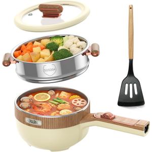 Hot Pot Electric, 1.5L Portable Electric Pot Frying Saut Pan Multifunctional Cooker for Ramen Steak Soup with Adjustable Power for Dorm Home Travel (Silicone Spatula Included)