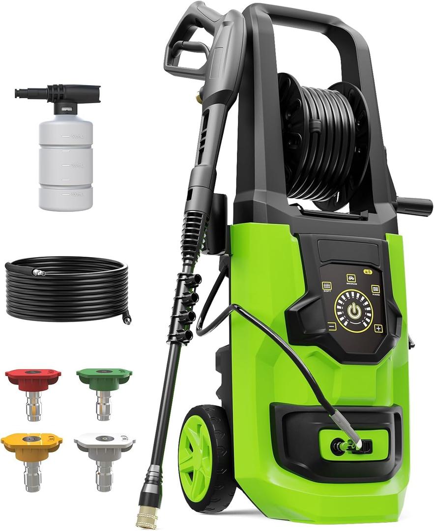 Pressure Washer, Power Washer Adjustable Touch Screen with 35FT Power Cord, 20FT Hose, 4 Nozzles for Driveways Furniture or Cars, Olive