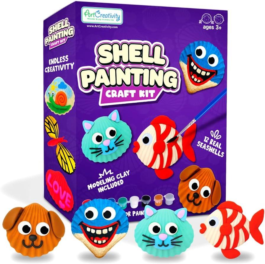 ArtCreativity Seashell Painting Kit for Kids - Sea Shell Craft Kit with 12 Real Seashells, 8 Paint Pots, 2 Glitter Paint Tubes, Air Dry Clay, and More - Summer Arts and Crafts Kits for Girls Ages 4-12