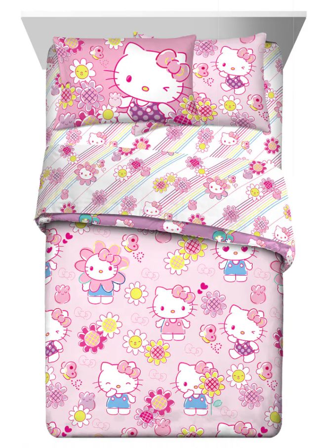 Jay Franco Sanrio Hello Kitty Twin Size Comforter Set - 4 Piece Red & Grey Bedding Includes Sheet Set & Pillow Covers - Super Soft Cozy Kawaii Bedding