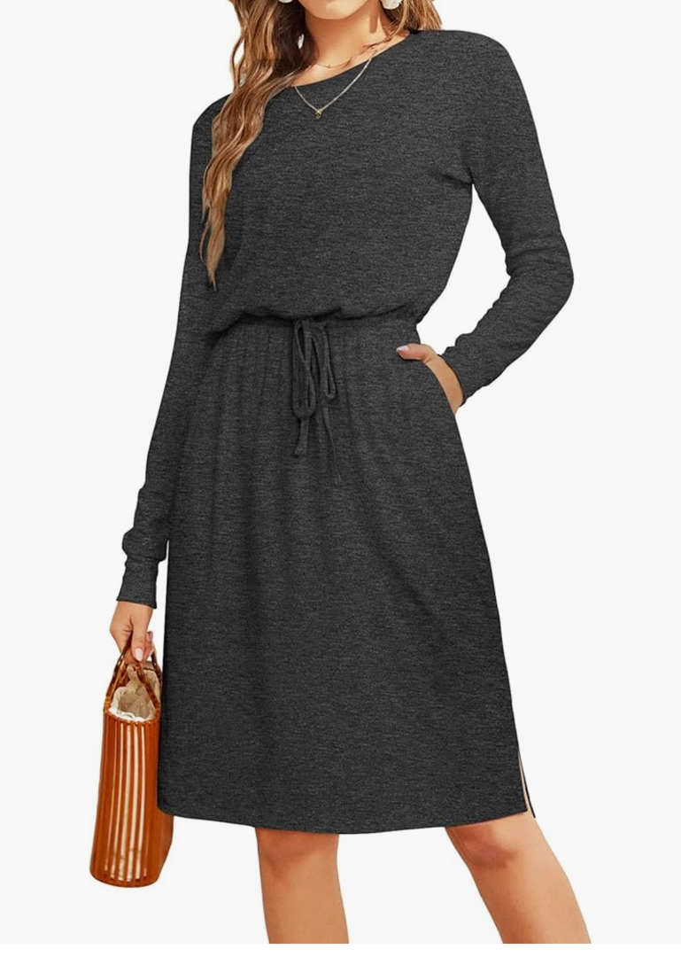 Women Knit Work Casual Pocket Knee Length Travel Dress 2025 Spring Fall Winter Long Sleeve Hide Belly Midi Outfits, Size M