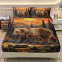 AILONEN Rustic Bear Bedding Set Twin Size,Wildlife Hunting Fitted Sheet with 2 Pillowcases,3 Pieces Woodland Pine Forest Animal Sheet Set