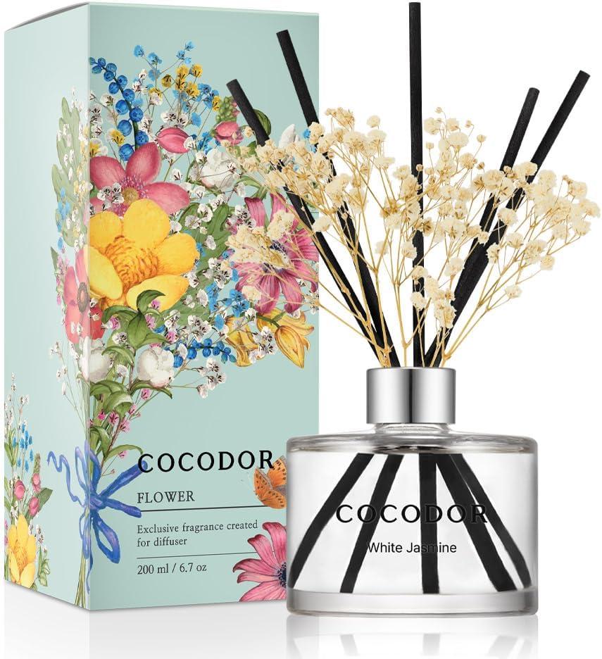 COCODOR Flower Reed Diffuser Set / 6.7oz / White Jasmine/Scent Diffuser with Sticks Home Fragrance Reed Diffuser for Bathroom Shelf Decor (Real Flower/6.7Ounce/1Pack)