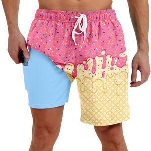 westwolf Men Swim Trunks with Compression Liner Men's 2 in 1 Bathing Suits 7 Inch Hawaiian Board Shorts (X-Large, Yellow Pink)