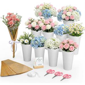 Sadnyy 55pcs Flower Bar Buckets Set 10 Inch Galvanized Metal Bucket Flower Wrapping Bags with Ribbons Wood Sign and Floral Shears for Florist Bridal Shower Wedding Table Centerpieces(White)
