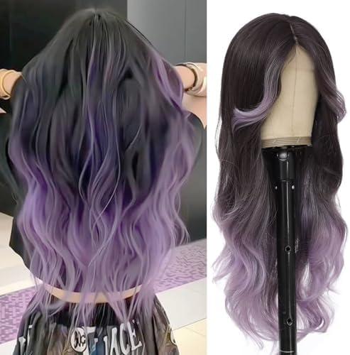 iluadme Black Light Purple Highlight Long Wavy Wig With Curtain Bang 26 Inch Ombre Ash Purple Wigs For Black Women Natural Heat Resistant Synthetic Fiber Middle Part Wig