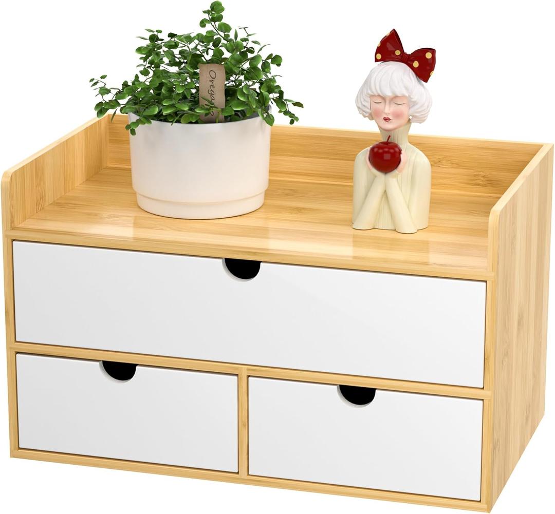 Wisuce Desk Organizer with Drawers - Bamboo Desktop Organizer Storage | Natural-White Wood Desk Drawers Organizer for Bills, Office Supplies, Cosmetics, Seals No Assembly Required (13L x 6.6W x7.87H)